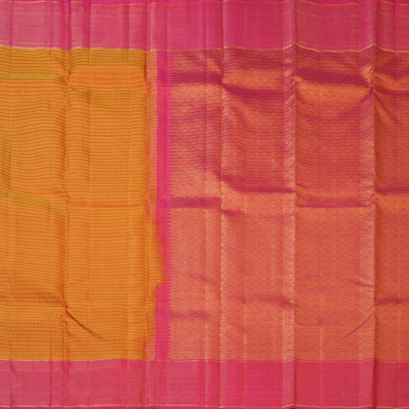 Hayagrivas Handloom Orange Checks Kanjivaram Silk Saree with Pink Border KBF210E17-1