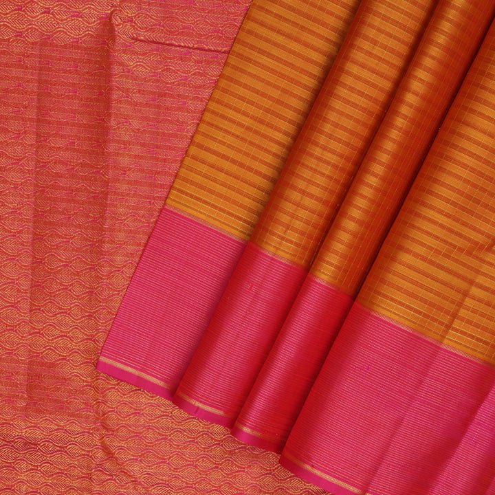 Hayagrivas Handloom Orange Checks Kanjivaram Silk Saree with Pink Border KBF210E17-1