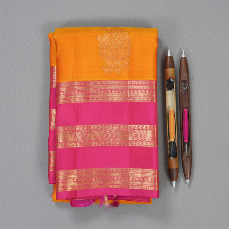 Hayagrivas Handloom Golden Yellow Kanjivaram Silk Saree with Pink Border KBF210E18-1