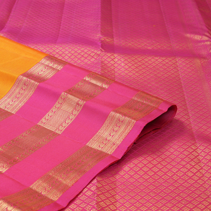 Hayagrivas Handloom Golden Yellow Kanjivaram Silk Saree with Pink Border KBF210E18-1