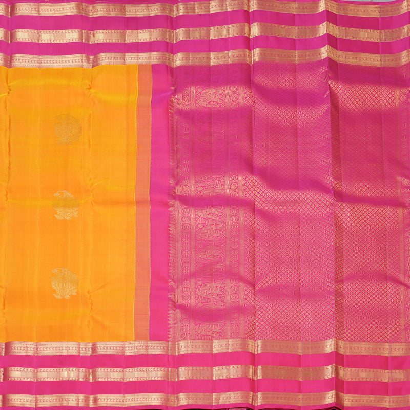 Hayagrivas Handloom Golden Yellow Kanjivaram Silk Saree with Pink Border KBF210E18-1