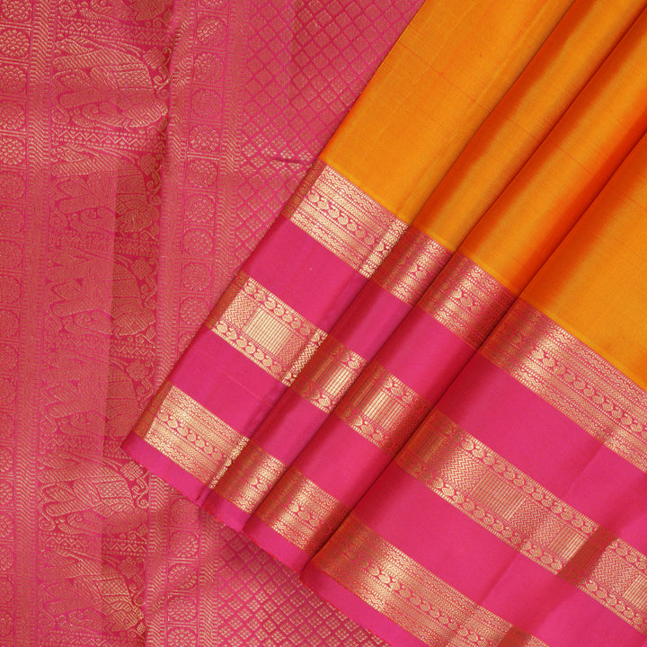 Hayagrivas Handloom Golden Yellow Kanjivaram Silk Saree with Pink Border KBF210E18-1