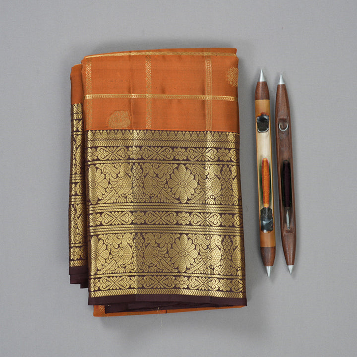 Hayagrivas Handloom Rust Orange Kanjivaram Silk Saree with Kanchana Brown Border KBF210E28-1