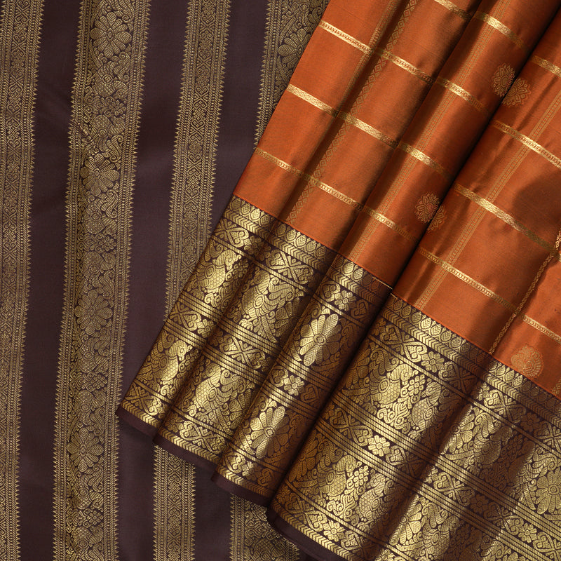 Hayagrivas Handloom Rust Orange Kanjivaram Silk Saree with Kanchana Brown Border KBF210E28-1