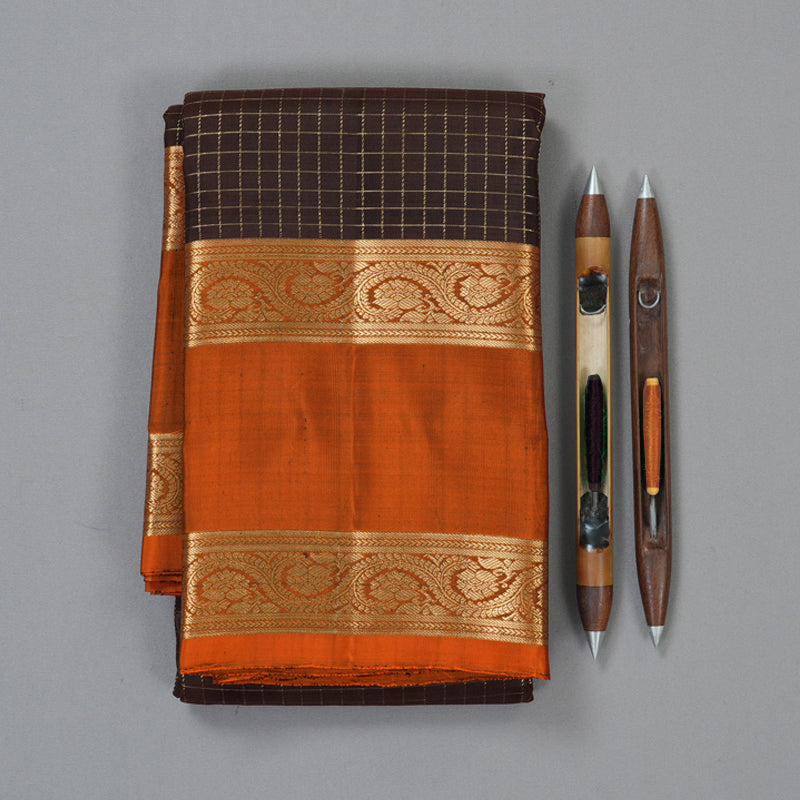 Hayagrivas Handloom Dark Brown Kanjivaram Silk Saree with Rust Orange Border KBF210E3-2