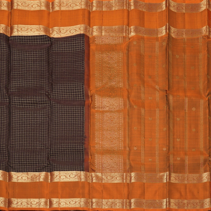 Hayagrivas Handloom Dark Brown Kanjivaram Silk Saree with Rust Orange Border KBF210E3-2
