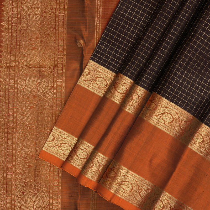 Hayagrivas Handloom Dark Brown Kanjivaram Silk Saree with Rust Orange Border KBF210E3-2