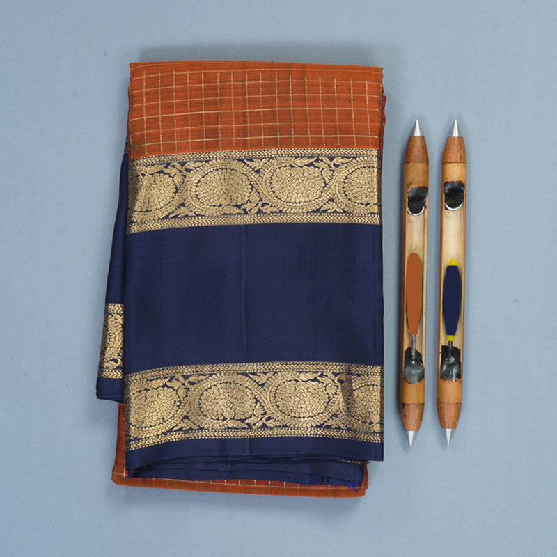 Hayagrivas Handloom Rust Orange Kanjivaram Silk Saree with Navy Blue Border KBF210E3-3