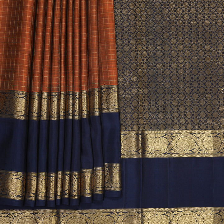 Hayagrivas Handloom Rust Orange Kanjivaram Silk Saree with Navy Blue Border KBF210E3-3