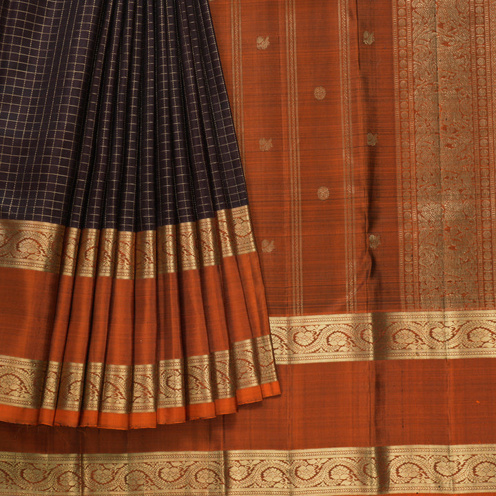 Hayagrivas Handloom Dark Brown Kanjivaram Silk Saree with Rust Orange Border KBF210E3-4