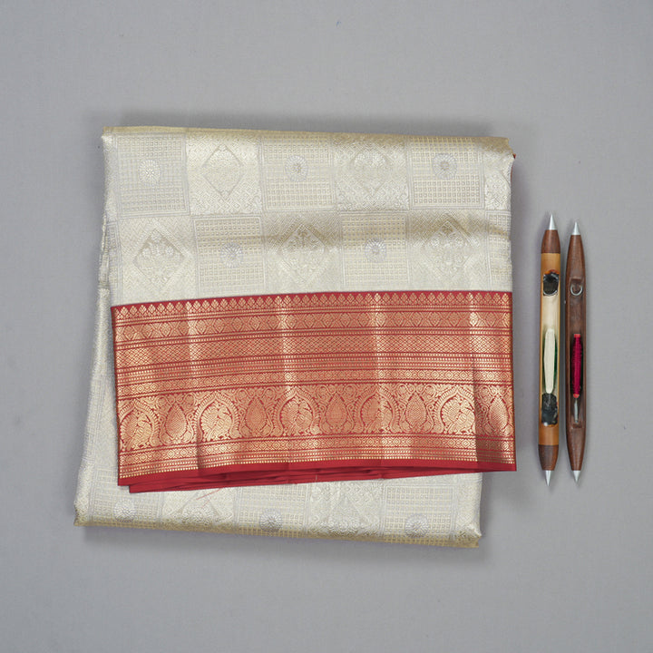 Hayagrivas Handloom Silver Grey Kanjivaram Silk Saree with Red Border KBF210E34-1