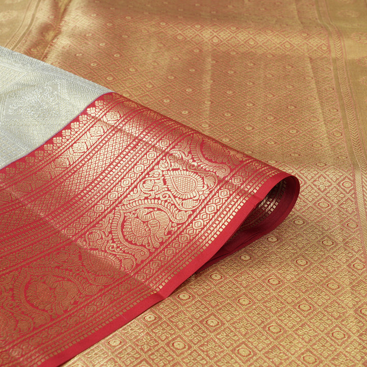 Hayagrivas Handloom Silver Grey Kanjivaram Silk Saree with Red Border KBF210E34-1
