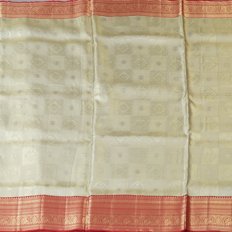 Hayagrivas Handloom Silver Grey Kanjivaram Silk Saree with Red Border KBF210E34-1