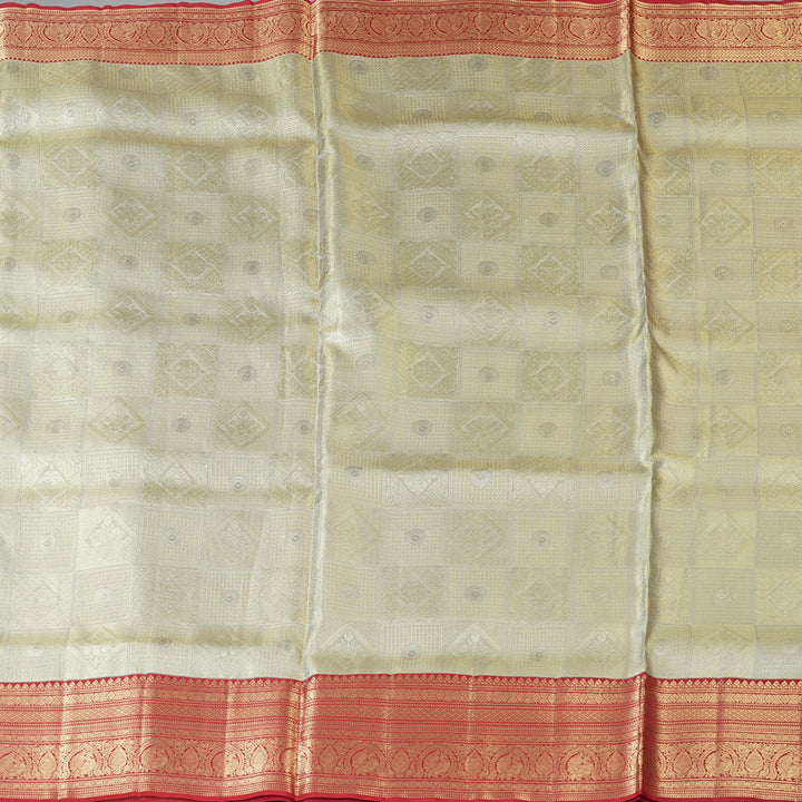 Hayagrivas Handloom Silver Grey Kanjivaram Silk Saree with Red Border KBF210E34-1