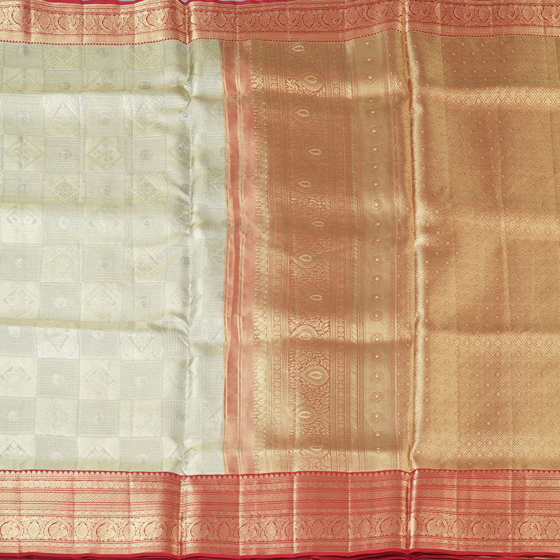 Hayagrivas Handloom Silver Grey Kanjivaram Silk Saree with Red Border KBF210E34-1