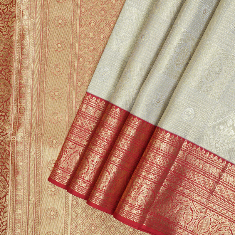Hayagrivas Handloom Silver Grey Kanjivaram Silk Saree with Red Border KBF210E34-1