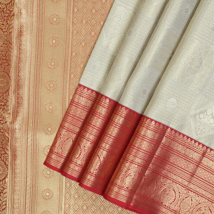 Hayagrivas Handloom Silver Grey Kanjivaram Silk Saree with Red Border KBF210E34-1
