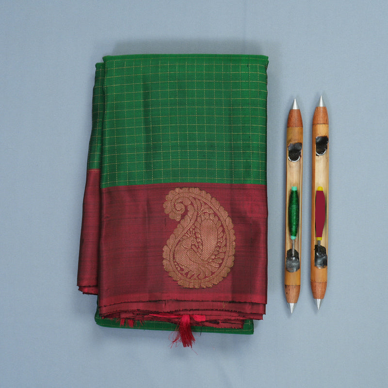Hayagrivas Handloom Dark Green Kanjivaram Silk Saree with Beetroot Shade Border KBF210E35-1