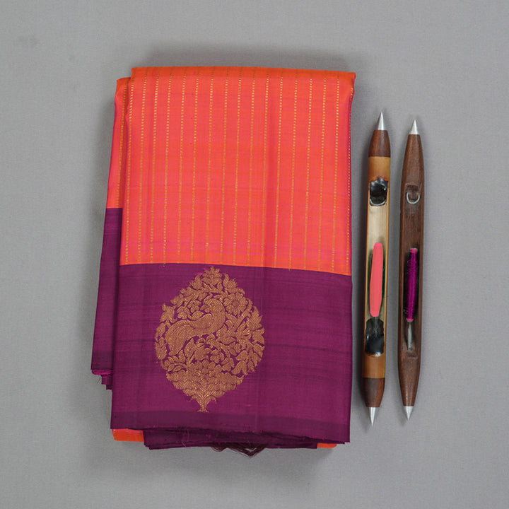 Hayagrivas Handloom Pinkish-Orange Kanjivaram Silk Saree with Purple Border KBF210E36-1