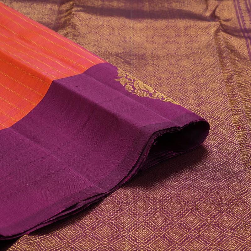 Hayagrivas Handloom Pinkish-Orange Kanjivaram Silk Saree with Purple Border KBF210E36-1