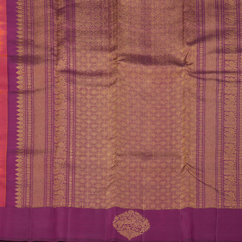 Hayagrivas Handloom Pinkish-Orange Kanjivaram Silk Saree with Purple Border KBF210E36-1