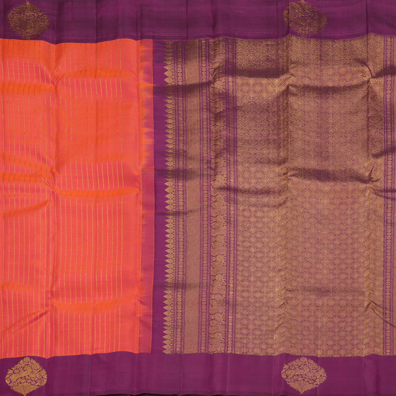 Hayagrivas Handloom Pinkish-Orange Kanjivaram Silk Saree with Purple Border KBF210E36-1