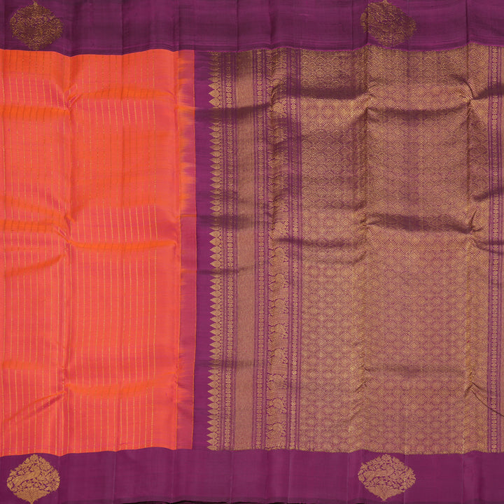Hayagrivas Handloom Pinkish-Orange Kanjivaram Silk Saree with Purple Border KBF210E36-1