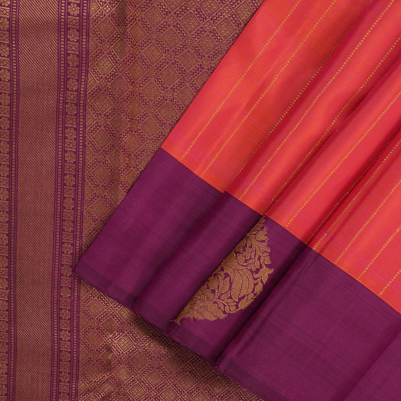 Hayagrivas Handloom Pinkish-Orange Kanjivaram Silk Saree with Purple Border KBF210E36-1