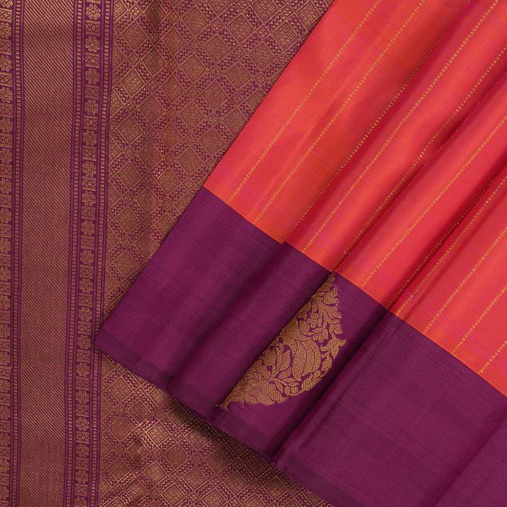 Hayagrivas Handloom Pinkish-Orange Kanjivaram Silk Saree with Purple Border KBF210E36-1