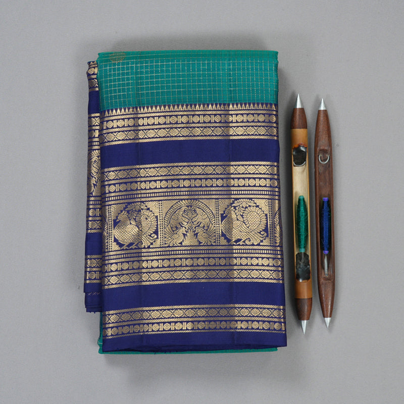 Hayagrivas Handloom Rama Green Kanjivaram Silk Saree with Dark Blue Border KBF210E37-1