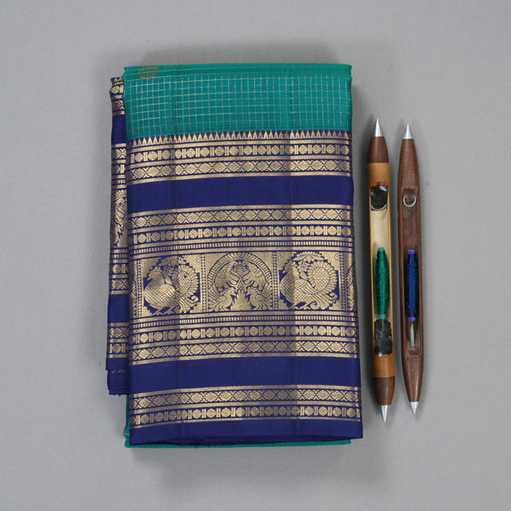 Hayagrivas Handloom Rama Green Kanjivaram Silk Saree with Dark Blue Border KBF210E37-1