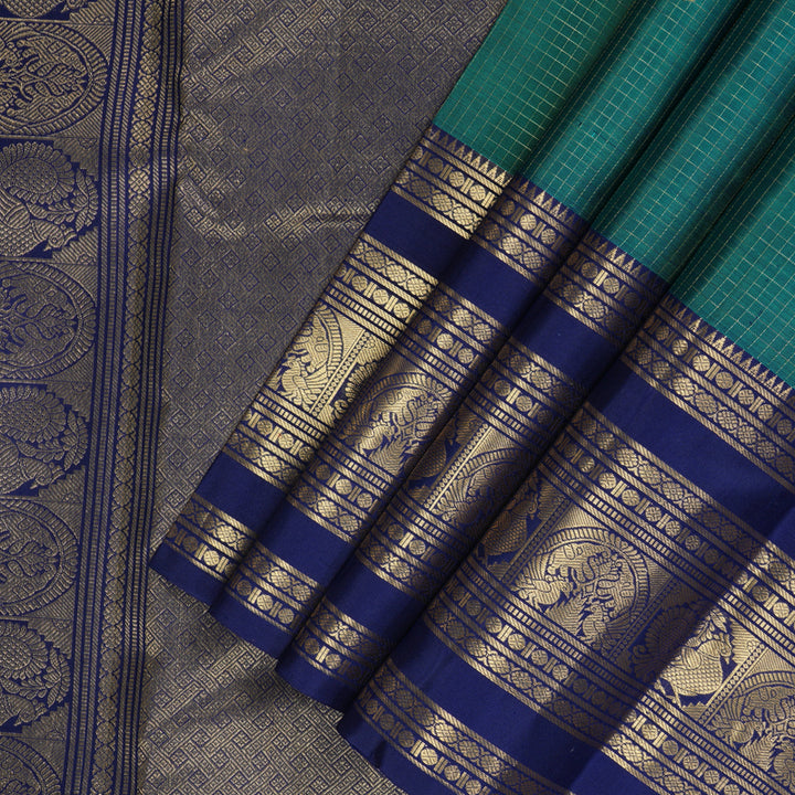 Hayagrivas Handloom Rama Green Kanjivaram Silk Saree with Dark Blue Border KBF210E37-1