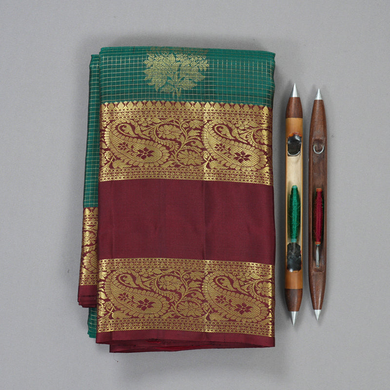 Hayagrivas Handloom Peacock Green Kanjivaram Silk Saree with Wine Maroon Border KBF210E37-3