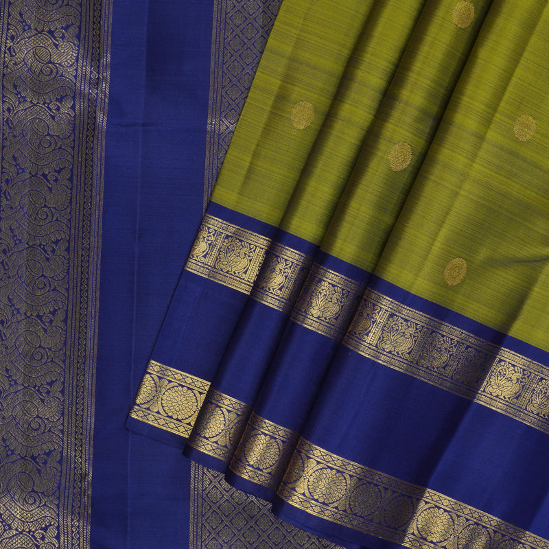 Hayagrivas Handloom Olive Green Kanjivaram Silk Saree with Dark Blue Border KBF210E6-1