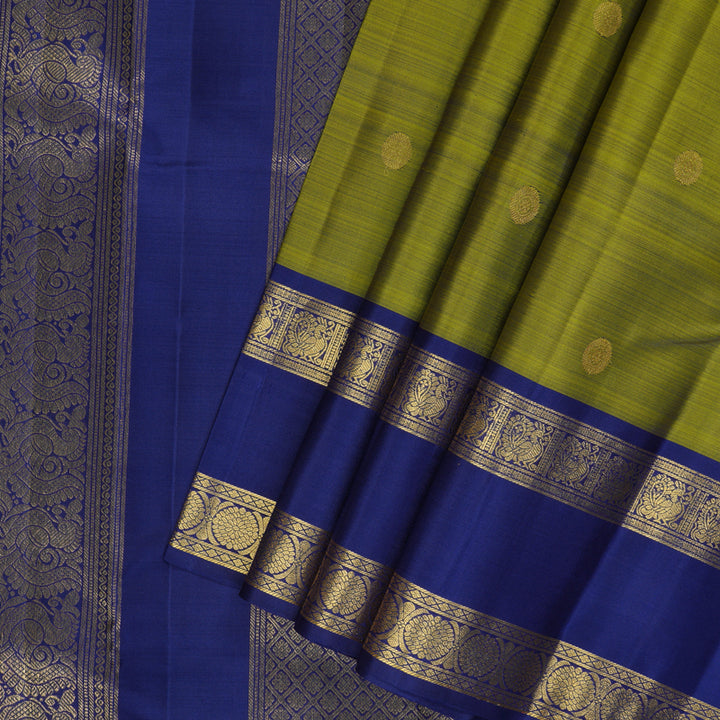 Hayagrivas Handloom Olive Green Kanjivaram Silk Saree with Dark Blue Border KBF210E6-1
