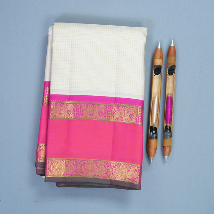Hayagrivas Handloom White Kanjivaram Silk Saree with Orangish-Pink Border KBF211E10-1