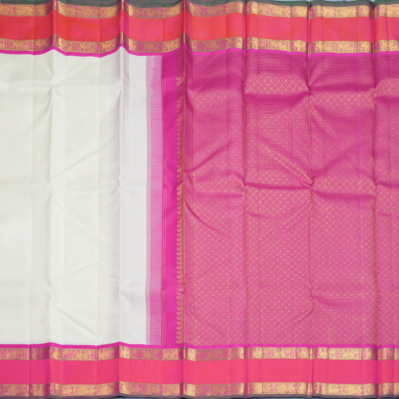 Hayagrivas Handloom White Kanjivaram Silk Saree with Orangish-Pink Border KBF211E10-1
