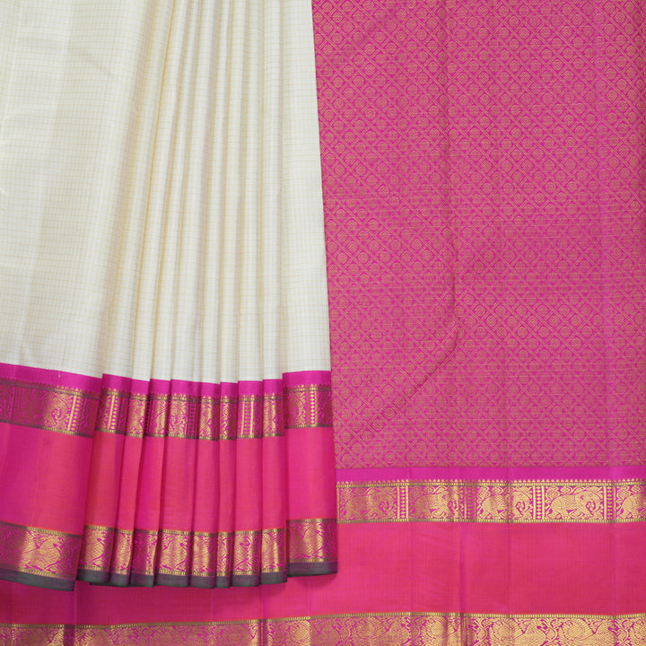 Hayagrivas Handloom White Kanjivaram Silk Saree with Orangish-Pink Border KBF211E10-1