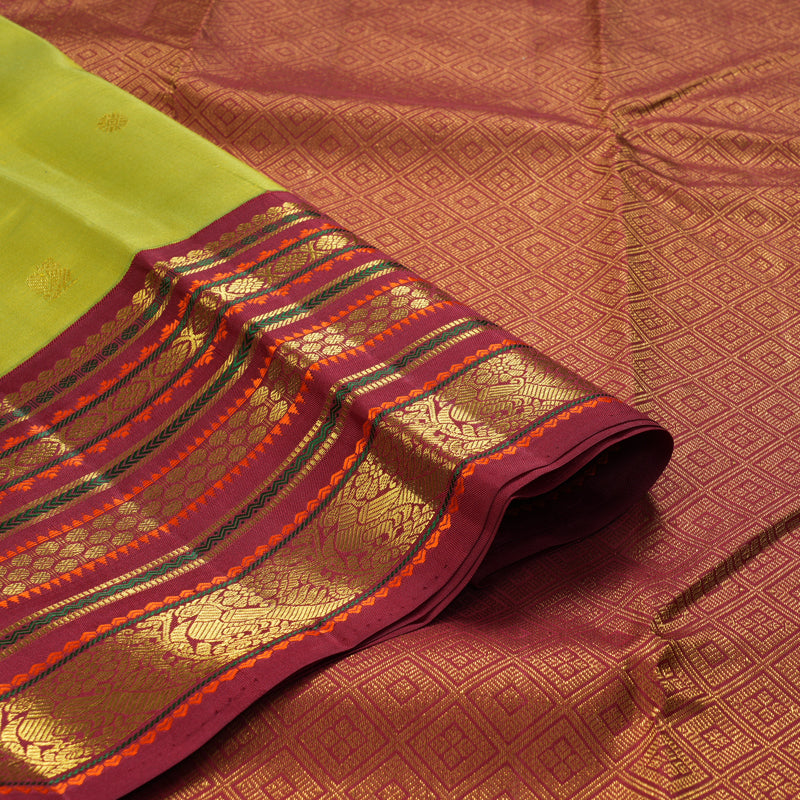 Hayagrivas Handloom Fluorescent Green Kanjivaram Silk Saree with Maroon Border KBF211E9-2