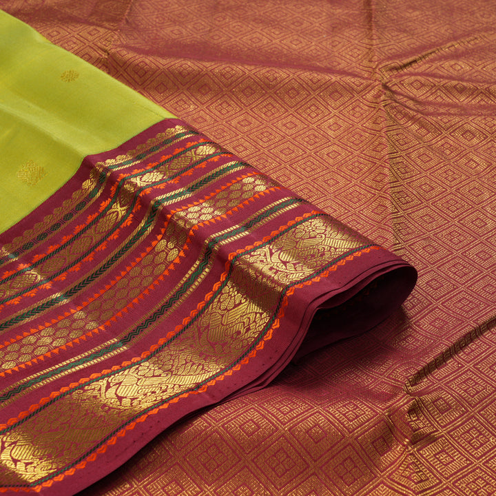 Hayagrivas Handloom Fluorescent Green Kanjivaram Silk Saree with Maroon Border KBF211E9-2
