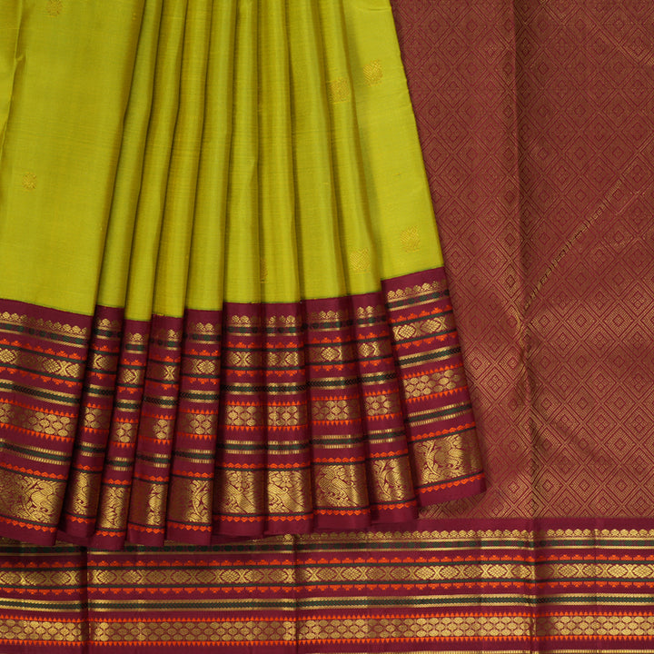Hayagrivas Handloom Fluorescent Green Kanjivaram Silk Saree with Maroon Border KBF211E9-2