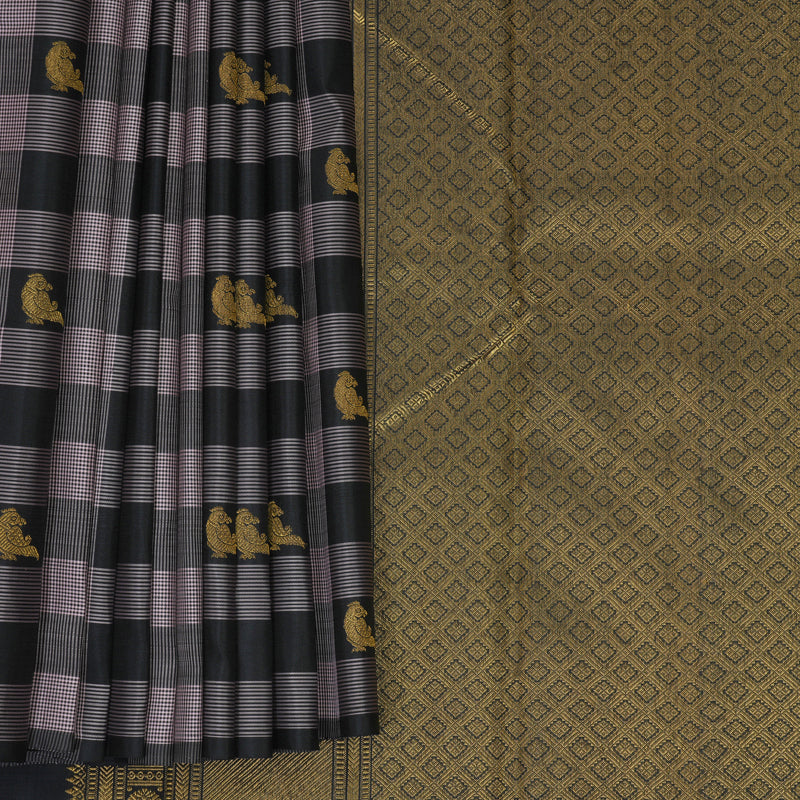 Hayagrivas Handloom Black &amp; Lilac Checks Kanjivaram Silk Saree KBF211E24-1