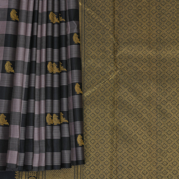 Hayagrivas Handloom Black &amp; Lilac Checks Kanjivaram Silk Saree KBF211E24-1