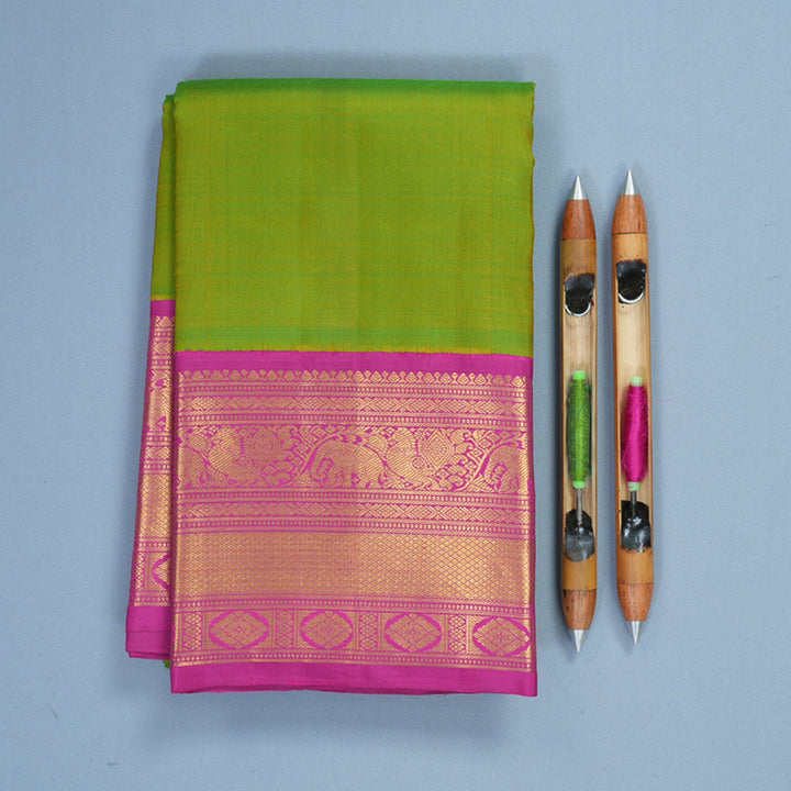 Hayagrivas Handloom Parrot Green Kanjivaram Silk Saree with Magenta Border KBF211E5-1