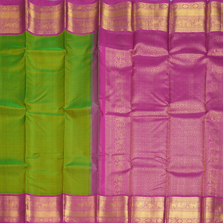 Hayagrivas Handloom Parrot Green Kanjivaram Silk Saree with Magenta Border KBF211E5-1