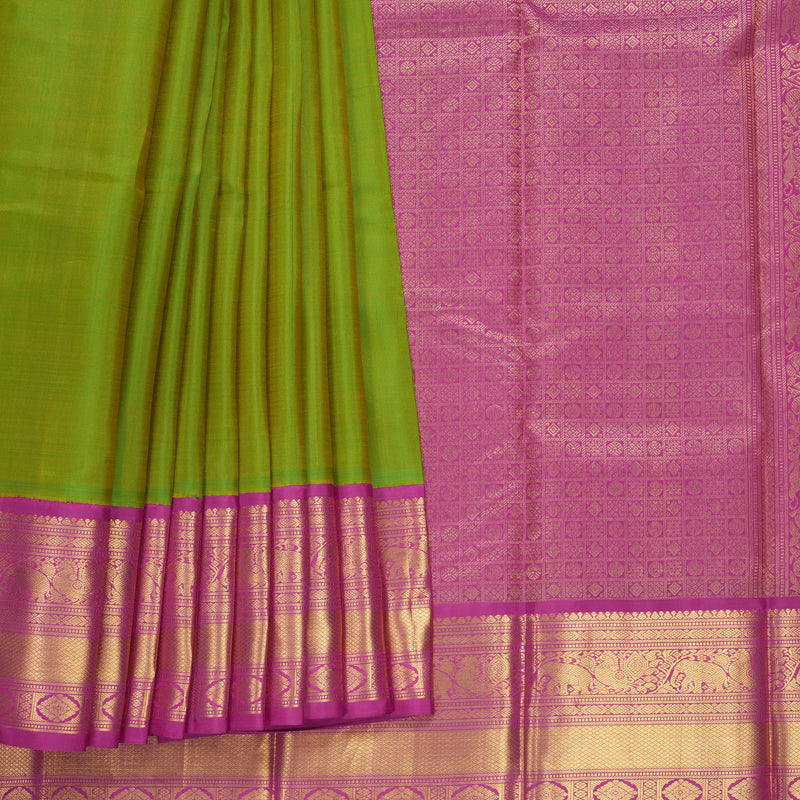 Hayagrivas Handloom Parrot Green Kanjivaram Silk Saree with Magenta Border KBF211E5-1