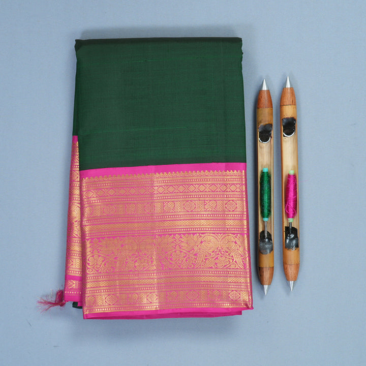Hayagrivas Handloom Bottle Green Kanjivaram Silk Saree with Rani Pink Border KBF211E5-2