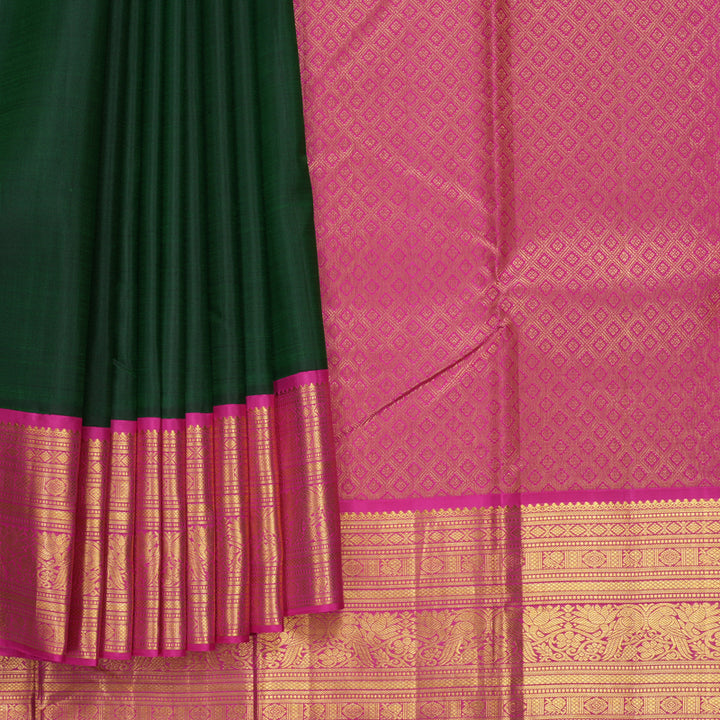 Hayagrivas Handloom Bottle Green Kanjivaram Silk Saree with Rani Pink Border KBF211E5-2