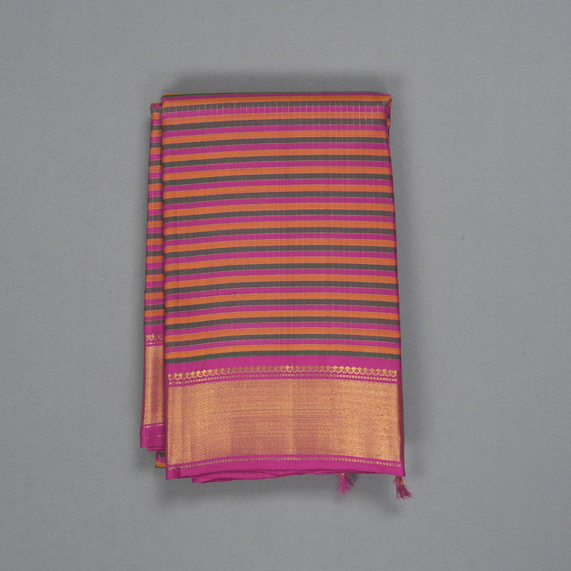 Hayagrivas Handloom Multicolour Checks Kanjivaram Silk Saree with Rani Pink Border KBF211E6-1