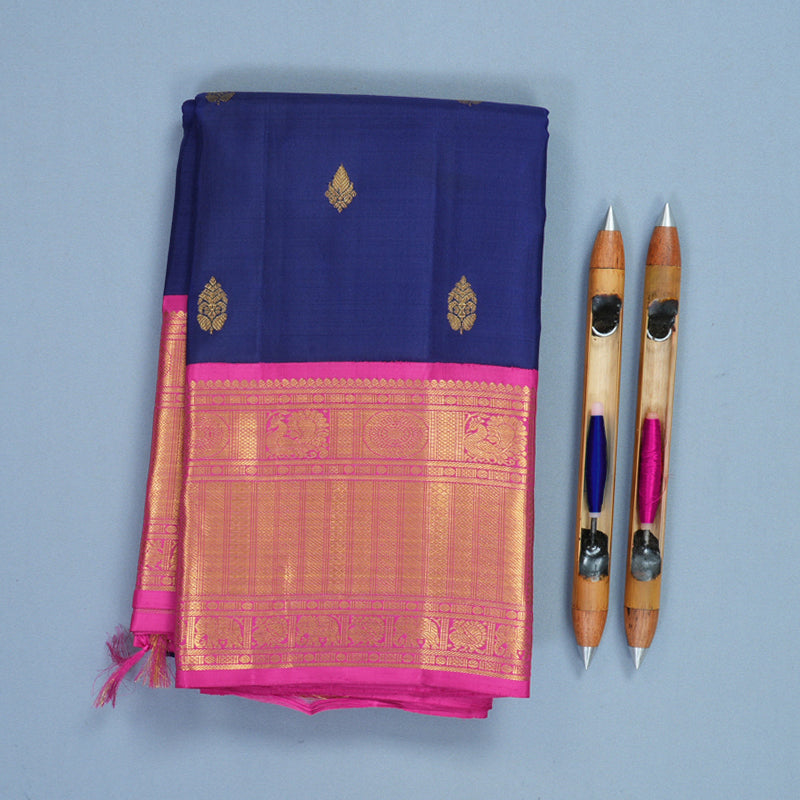 Hayagrivas Handloom Dark Blue Kanjivaram Silk Saree with Pink Border KBF211E8-1
